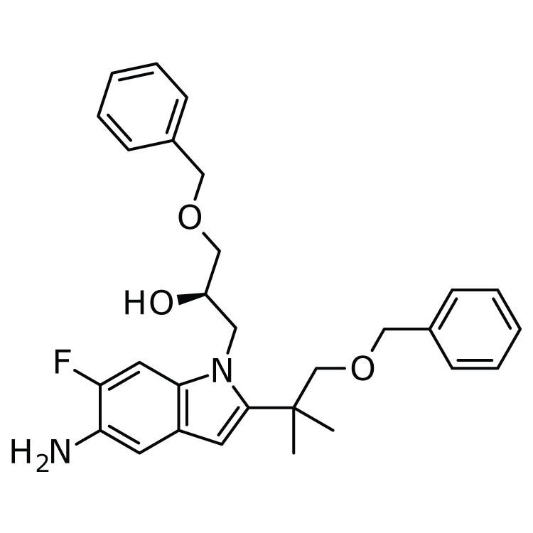 Structure of 1294504-67-8 | (2R)-1-[5-Amino-2-(2-benzyloxy-1,1-dimethyl-ethyl)-6-fluoro-indol-1-yl]-3-benzyloxy-propan-2-ol