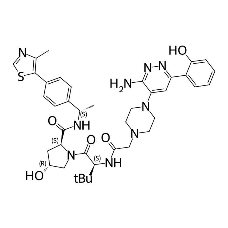 Structure of 2380274-50-8 | (2S,4R)-1-[(2S)-2-(2-{4-[3-amino-6-(2-hydroxyphenyl)pyridazin-4-yl]piperazin-1-yl}acetamido)-3,3-dimethylbutanoyl]-4-hydroxy-N-[(1S)-1-[4-(4-methyl-1,3-thiazol-5-yl)phenyl]ethyl]pyrrolidine-2-carboxamide