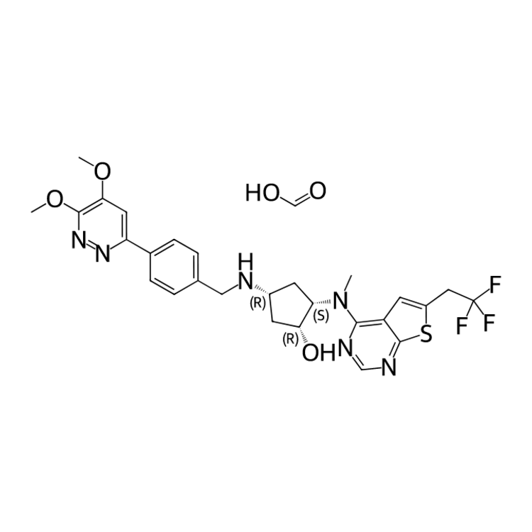 Structure of NO CAS FOUND | (1R,2S,4R)-4-({[4-(5,6-dimethoxypyridazin-3-yl)phenyl]methyl}amino)-2-{methyl[6-(2,2,2-trifluoroethyl)thieno[2,3-d]pyrimidin-4-yl]amino}cyclopentan-1-ol; formic acid