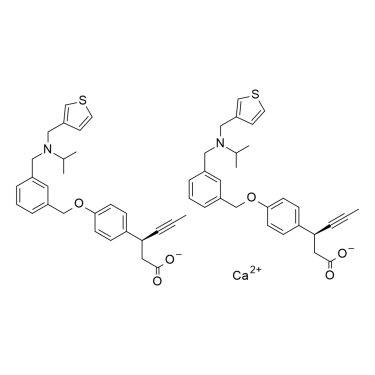 Structure of 2020011-32-7 | (S)-3-(4-((3-((isopropyl(thiophen-3-ylmethyl)amino)methyl)benzyl)oxy)phenyl)hex-4-ynoate calcium salt (2:1)