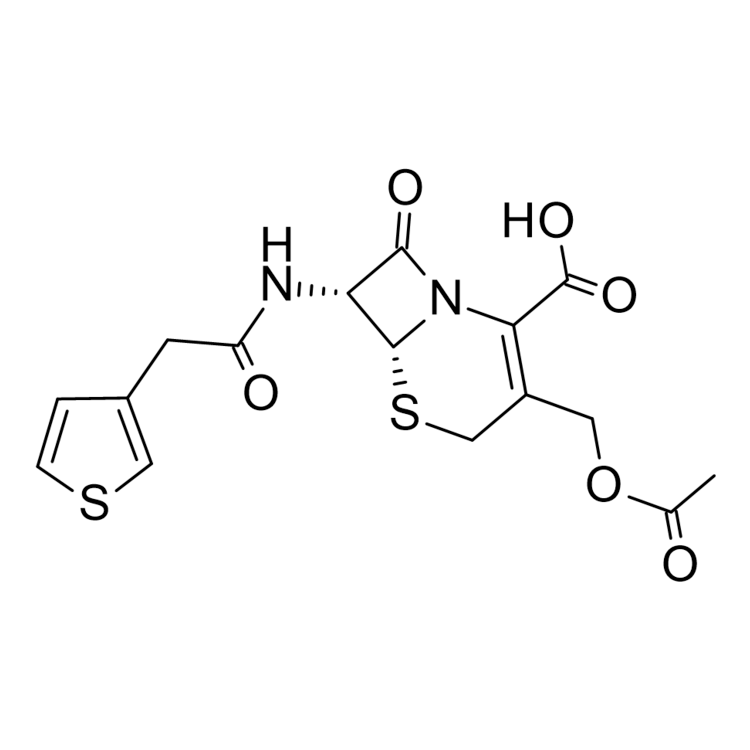 Structure of 3432-90-4 | (6R,7R)-3-[(acetyloxy)methyl]-8-oxo-7-[2-(thiophen-3-yl)acetamido]-5-thia-1-azabicyclo[4.2.0]oct-2-ene-2-carboxylic acid