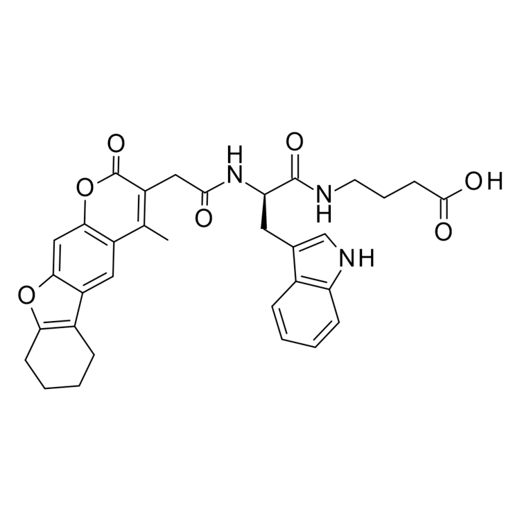 Structure of 956965-37-0 | (R)-4-(3-(1H-Indol-3-yl)-2-(2-(4-methyl-2-oxo-6,7,8,9-tetrahydro-2H-benzofuro[3,2-g]chromen-3-yl)acetamido)propanamido)butanoic acid