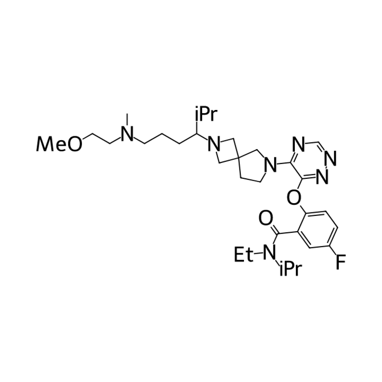 Structure of 2654081-36-2 | N-ethyl-5-fluoro-2-{[5-(2-{6-[(2-methoxyethyl)(methyl)amino]-2-methylhexan-3-yl}-2,6-diazaspiro[3.4]octan-6-yl)-1,2,4-triazin-6-yl]oxy}-N-(propan-2-yl)benzamide