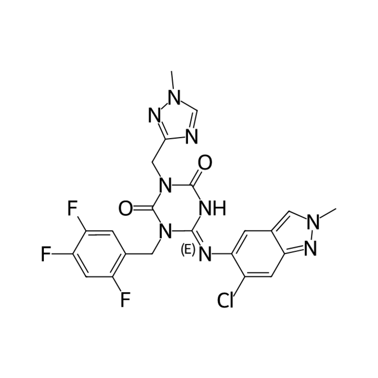Structure of 2647530-73-0 | 1,3,5-Triazine-2,4(1H,3H)-dione, 6-[(6-chloro-2-methyl-2H-indazol-5-yl)imino]dihydro-3-[(1-methyl-1H-1,2,4-triazol-3-yl)methyl]-1-[(2,4,5-trifluorophenyl)methyl]-, (6E)-